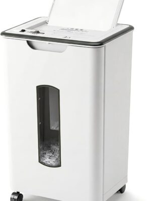 Home/office shredder, 60-sheet automatic feed, P-4-level cross-cutting, 40-minute run time, noise level only 52 decibels, shredding speed 2.5 meters/minute, 5.8-gallon tray, can shred CDs/credit cards, with anti-jamming function and dual modes.