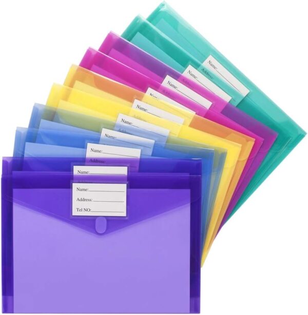 10 Pack Plastic Envelopes Poly Envelopes, Clear Document Folders File Folders US  A4 Size File Envelopes with Label Pocket, Assorted Color