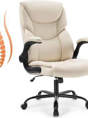 Computer Gaming Chair, Ergonomic Office Chair High Back Heavy Duty Task Desk Chair with Flip-up Arms, PU Leather, Adjustable Swivel Rolling Chair with Wheels, Cream