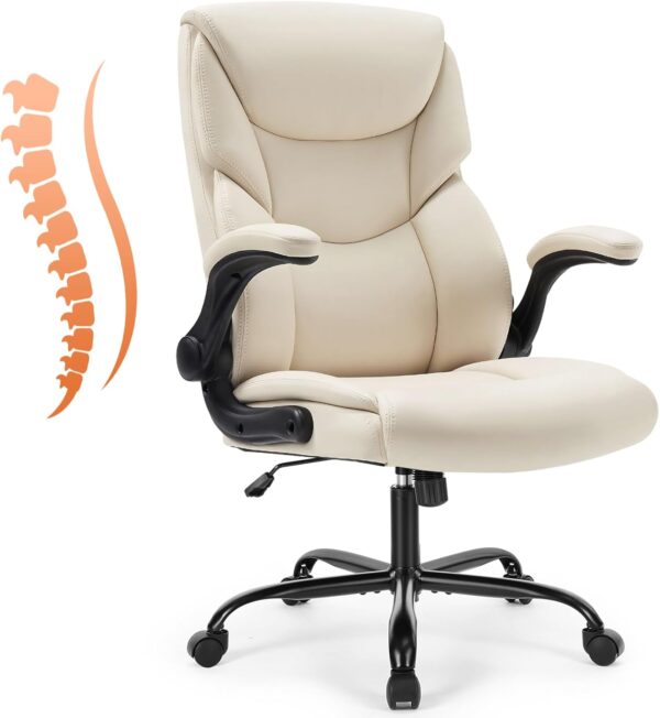 Computer Gaming Chair, Ergonomic Office Chair High Back Heavy Duty Task Desk Chair with Flip-up Arms, PU Leather, Adjustable Swivel Rolling Chair with Wheels, Cream