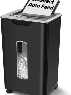 Automatic feed shredder, 60-sheet cross-cutting, can shred CDs/credit cards, with anti-jamming function and dual modes, 5.8-gallon tray, P-4 high security, suitable for home and office.
