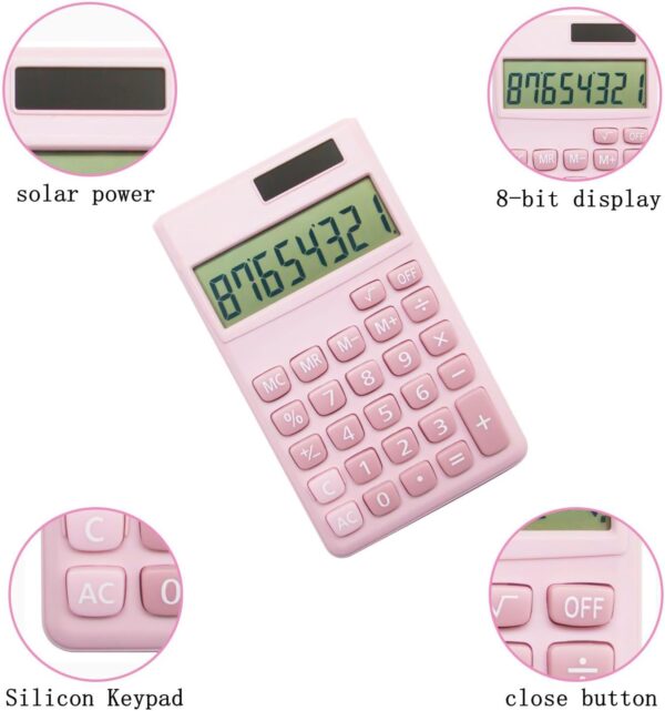 Basic standard calculator, small digital desktop calculator, 8-digit LCD screen, battery/solar smart calculator, standard functions for children/school/adults/office/home (8-digit pink).