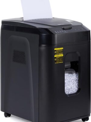 Basic 150-sheet automatic feed micro shredder, suitable for paper and credit cards, P-4 high security rating, equipped with an 8.5-gallon shredder bin, 60-minute continuous run, black.
