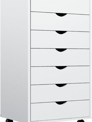 7 Drawer File Cabinet Wood Rolling Organizer Storage Chest with Wheels Mobile Printer Stand for Home Office, 15.75"D x 18.74"W x 34.25"H, White