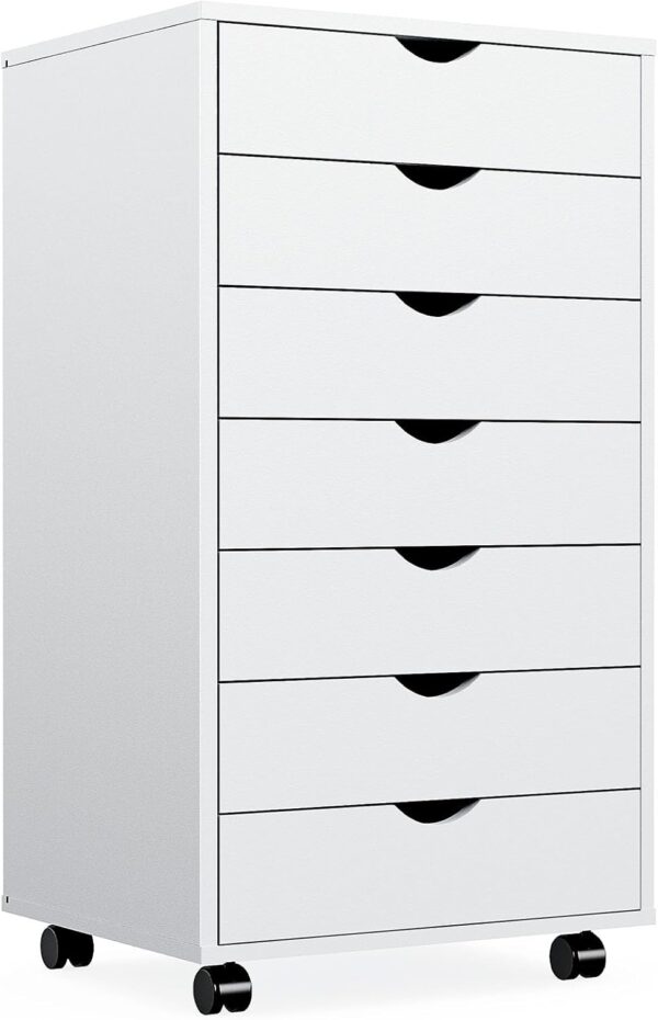 7 Drawer File Cabinet Wood Rolling Organizer Storage Chest with Wheels Mobile Printer Stand for Home Office, 15.75"D x 18.74"W x 34.25"H, White