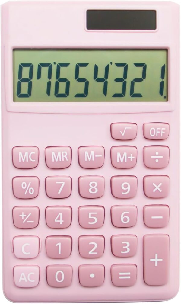 Basic standard calculator, small digital desktop calculator, 8-digit LCD screen, battery/solar smart calculator, standard functions for children/school/adults/office/home (8-digit pink).