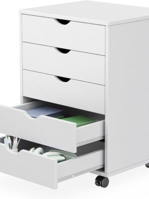 5 Drawer Chest Mobile Storage Cabinets Small Wooden Dresser with Wheels Room Organization Furniture for Office Home, White Wood
