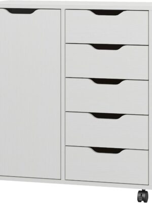 5-Drawer Chest with 1 Door, Wooden Chest of Drawers Storage Dresser Cabinet with Wheels, Office Organization and Storage, Bedroom Furniture (White-S)