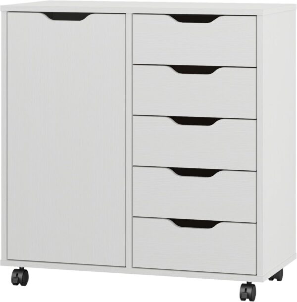 5-Drawer Chest with 1 Door, Wooden Chest of Drawers Storage Dresser Cabinet with Wheels, Office Organization and Storage, Bedroom Furniture (White-S)