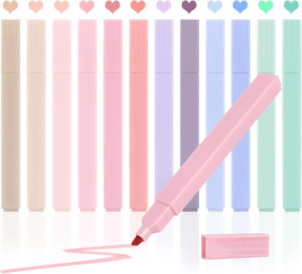 12pcs No Bleed Pastel Highlighter Set, Cute Non-Bleed Markers (12 Colors)