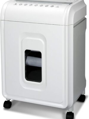 Professional 12-sheet micro shredder, suitable for paper and CDs/credit cards, 60-minute continuous run, white and gray.
