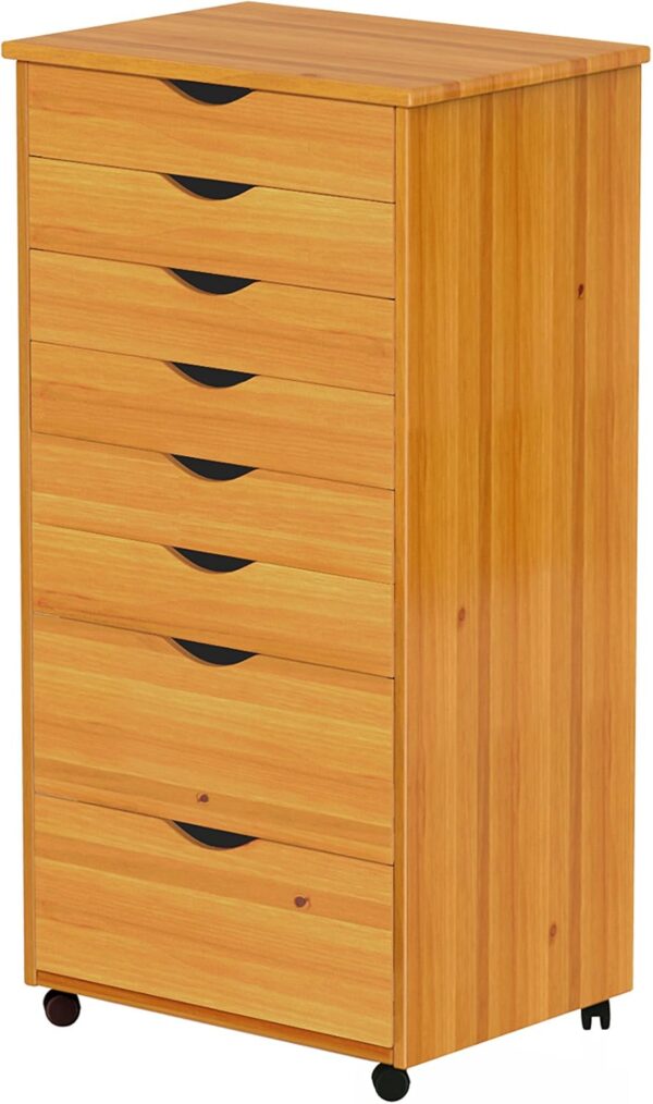 Roll Cart, Solid Wood, 6+2 Drawer Extra Wide Drawers Roll Carts, Medium Pine