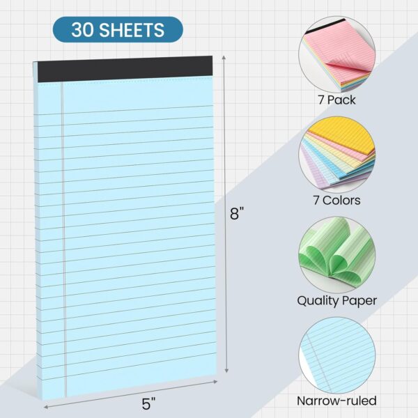 Note Pads 5x8,[7 Pack] Colorful Narrow Ruled Legal Pads,Micro Writing Pads Perforated Lined Note Paper for Study,Office,To-Do Lists,30 Sheet/notepad, Multicolor