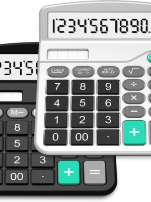 Double-pack standard function desktop calculator, dual power supply (solar and AA batteries), 12-digit large display electronic office calculator (1 basic black and 1 upgraded silver).
