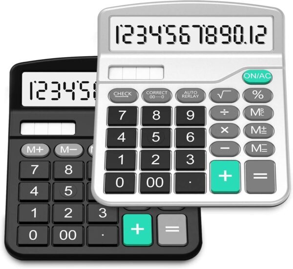 Double-pack standard function desktop calculator, dual power supply (solar and AA batteries), 12-digit large display electronic office calculator (1 basic black and 1 upgraded silver).