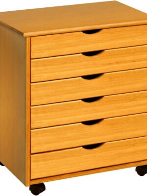 Roll Cart, Solid Wood, 6 Drawer Extra Wide Drawers Roll Carts, Medium Pine