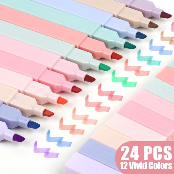 24pcs No Bleed Pastel Highlighter Set, Cute Non-Bleed Markers (12 Colors)