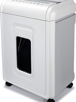 Heavy-duty high-security 16-sheet micro shredder, anti-jamming, 60-minute run time, equipped with a 7-gallon pull-out shredder basket and casters.