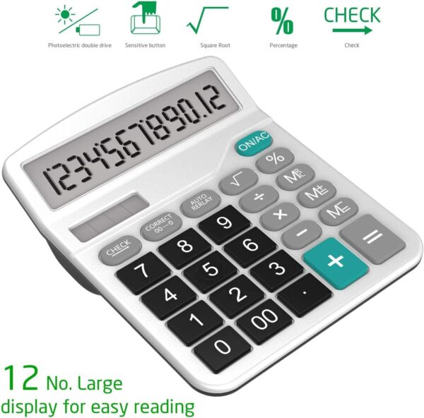 Double-pack standard function desktop calculator, dual power supply (solar and AA batteries), 12-digit large display electronic office calculator (1 basic black and 1 upgraded silver).