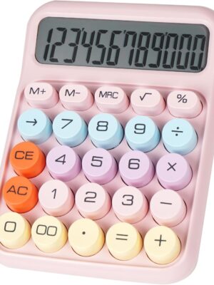 Mechanical switch calculator, large buttons, desktop calculator, 12-digit, large LCD screen, cute pink, suitable for teachers/students/basic office use (pink).