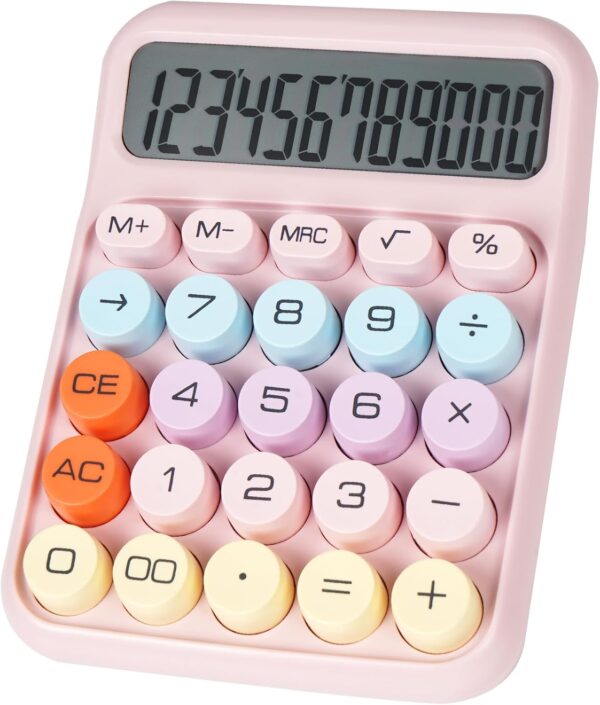 Mechanical switch calculator, large buttons, desktop calculator, 12-digit, large LCD screen, cute pink, suitable for teachers/students/basic office use (pink).