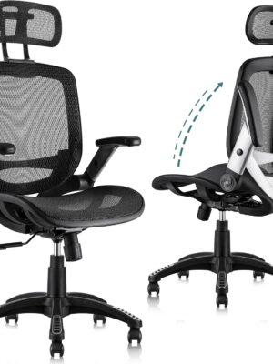Ergonomic Office Chair, High Back Home Desk Chair with Headrest, Flip-Up Arms, 90-120° Tilt Lock and Wide Cushion, Big and Tall Mesh Chairs for Man Woman, Black Task Chair